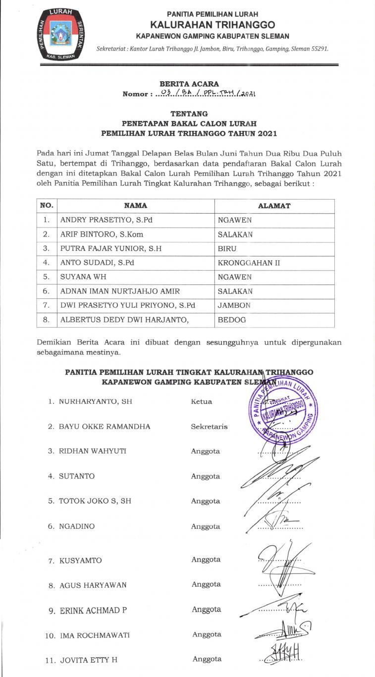 gambar_Hasil Penjaringan Bakal Calon Lurah Kalurahan Trihanggo